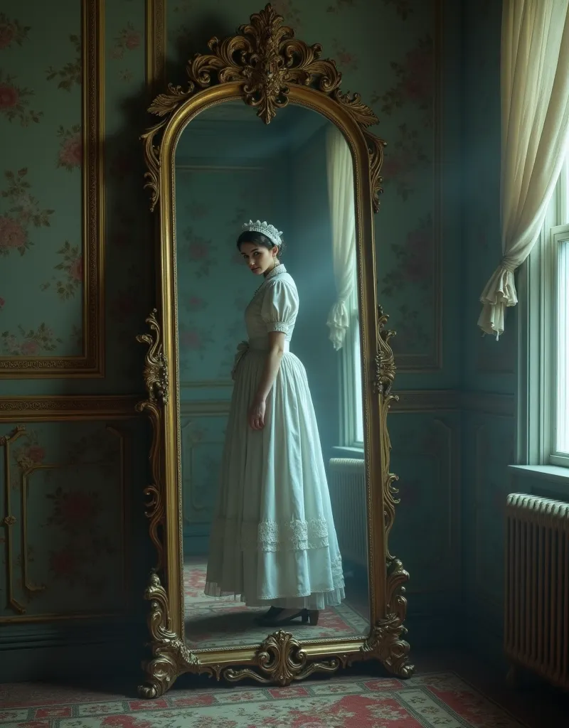 A deserted living room in an abandoned mansion. A full-length mirror hanging on the wall. A cursed mirror. The living room inside the mirror is still beautiful. A beautiful English girl in a Victorian maid outfit, who has been trapped inside for 100 years,...