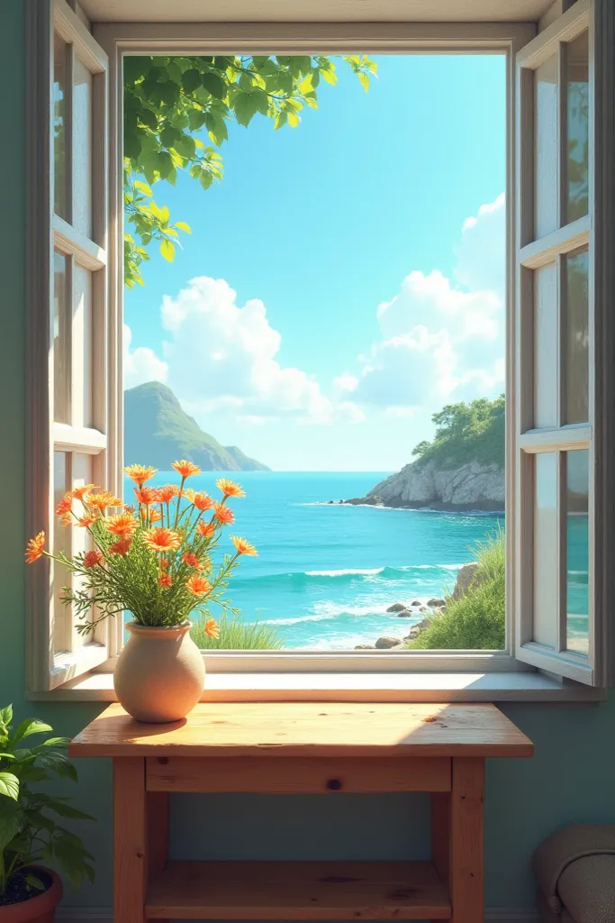 A serene painting of a seaside scene. A wooden table with a vase of wildflowers is placed near an open window., illustration, 3d render, cinematic, painting, poster