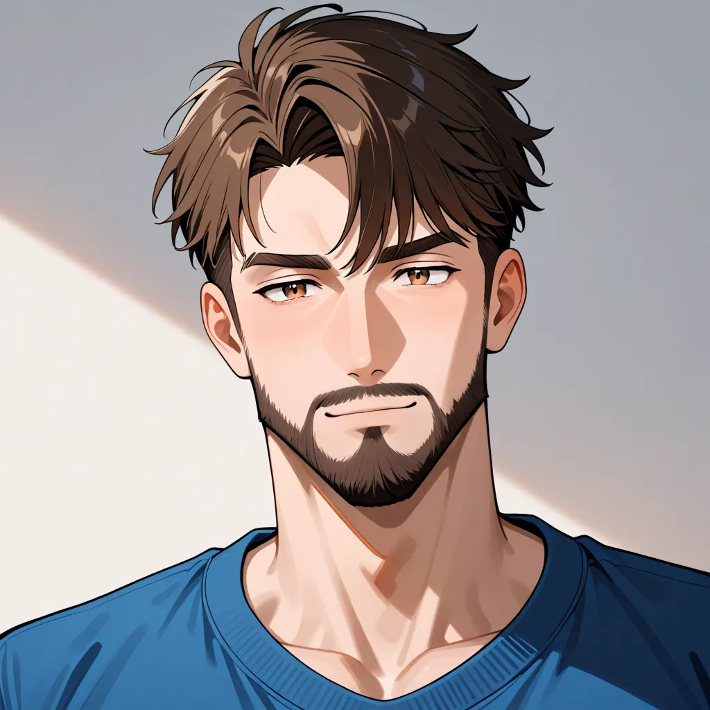 Create a male anime-style character with medium brown hair, with a more masculine face but without a beard or something like that, with a light blue and dark blue gradient, Make the character with a blue sweatshirt