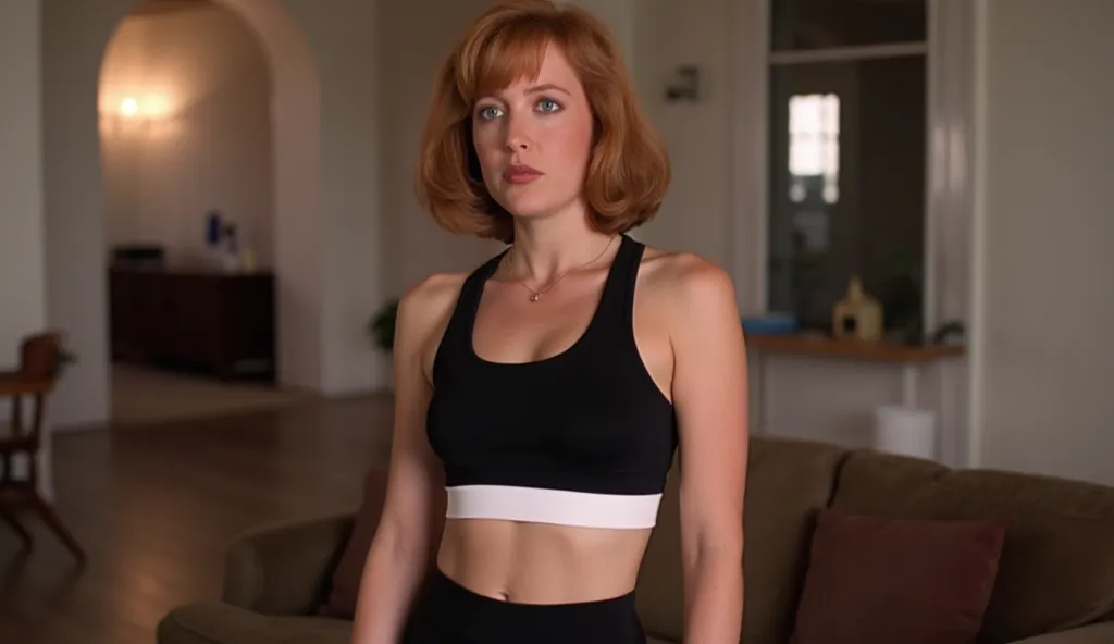 realistic image of Gillian Anderson as Dana Scully; she has red hair and bob haircut; she is standing relaxed in front of a couch; Dana Scully has a black sport bra and panties on; the sport bra has a white band; and the sport panties has a white waistband...