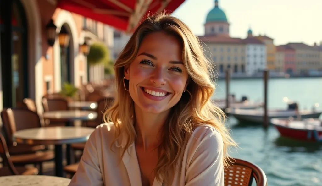 A high-resolution professional photograph of a beautiful woman sitting at a café table on the waterfront of a picturesque city. Captured in a close-up shot, her radiant smile and expressive eyes exude warmth and confidence. Her elegant yet effortless outfi...