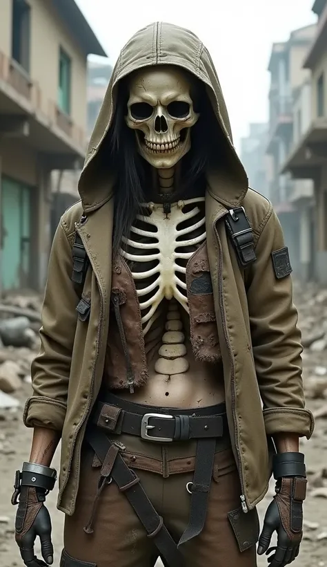 A post-apocalyptic humanoid figure stands in a desolate urban environment with crumbling buildings in the background. The figure has a skeletal face with cracked, bone-like skin, hollow eyes, and a menacing expression. It wears a tattered, dirt-stained out...