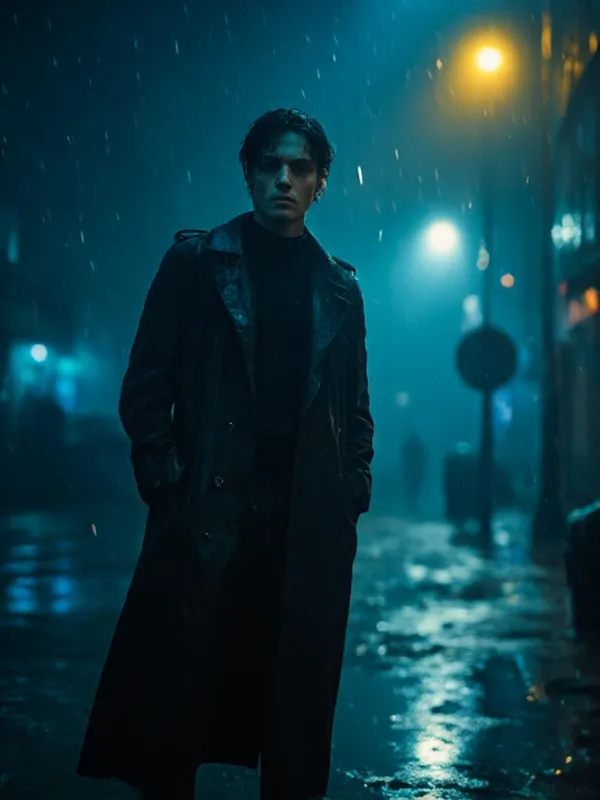 (best quality, ultra-detailed, dark blue cinematic:1.2), (masterpiece, noir cinematic composition, dangerous aura:1.2), orphaned man in his late 20s standing alone under flickering yellow streetlights, black turtleneck clinging to his lean frame, hands tuc...