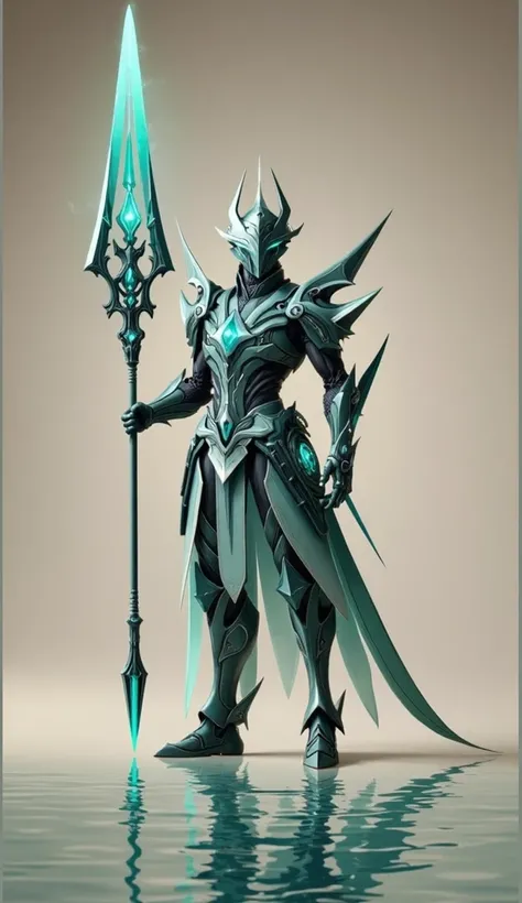 “A majestic armored warrior clad in sleek, angular silver and teal armor with glowing cyan energy lines coursing through the plating. His helmet is adorned with sharp, crown-like spikes, concealing his face in shadow, while a radiant teal gemstone glows at...