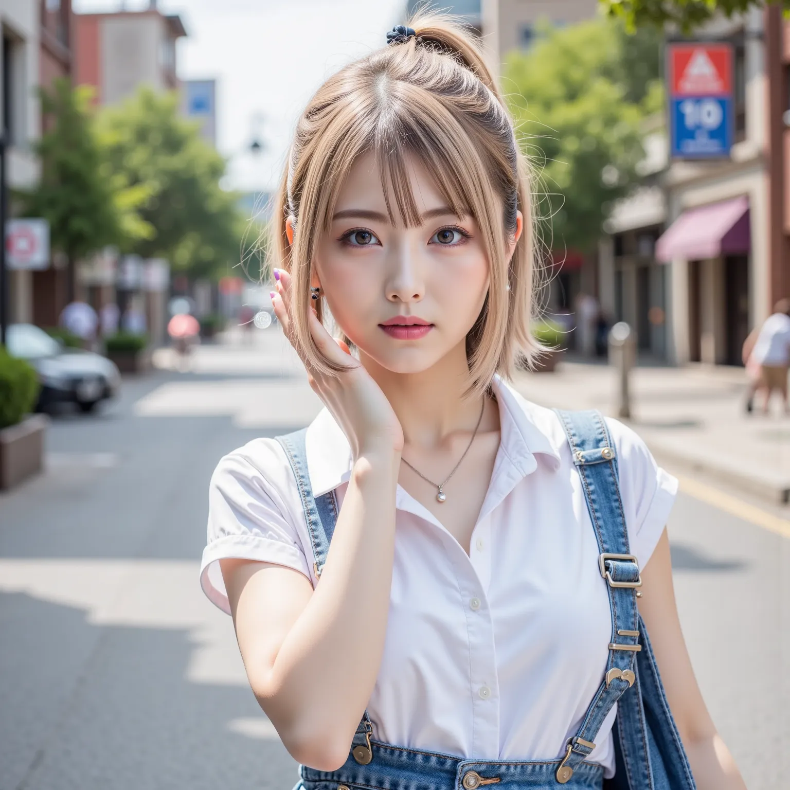 ((8K wallpaper)),((blond hair)),((short ponytail in tunic)),((big breasts,Big Breasts)),((dark eyeshadow pink with dark orange lipstick)),(( beautiful Japanese girl)),((Intelligent Glasses)),((street corner background )),((colorful manicure for nails)),((e...