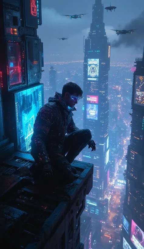 "Perched on the edge of a towering rooftop, a lone figure crouches, one knee bent, the other foot firmly planted as they gaze down at the endless cyberpunk metropolis sprawled beneath them. Their sleek, tech-enhanced jacket glows faintly with electric-blue...