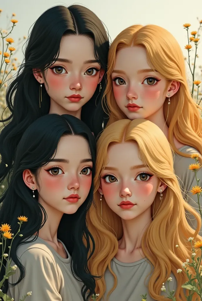 Create an image of four girls, three with long dark hair and the other with blond hair