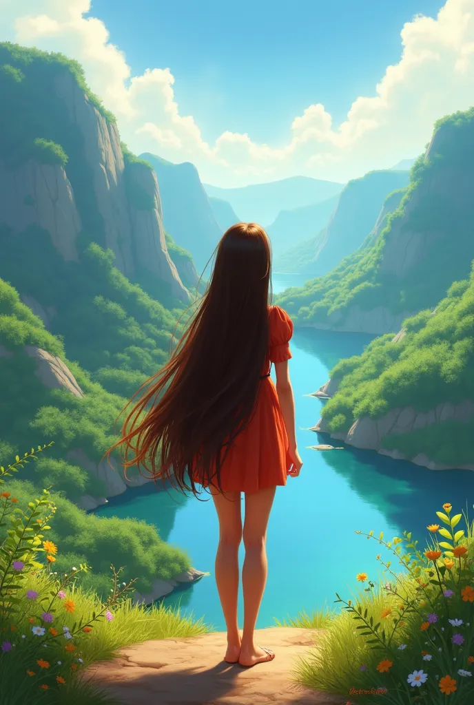  ager, long brown hair, cinnamon skin,  with her back to the camera, admiring a beautiful semi-realistic landscape, animation style miraculous ladybug, Miraculous, natural colors, his face is not seen