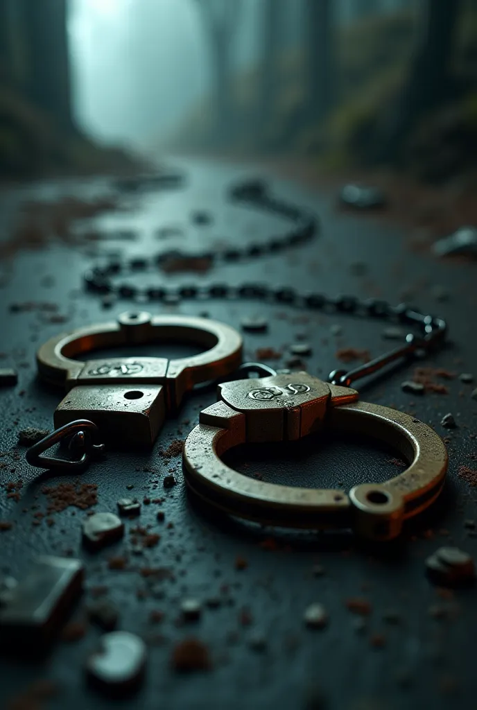 A broken lock or handcuffs (representing justice