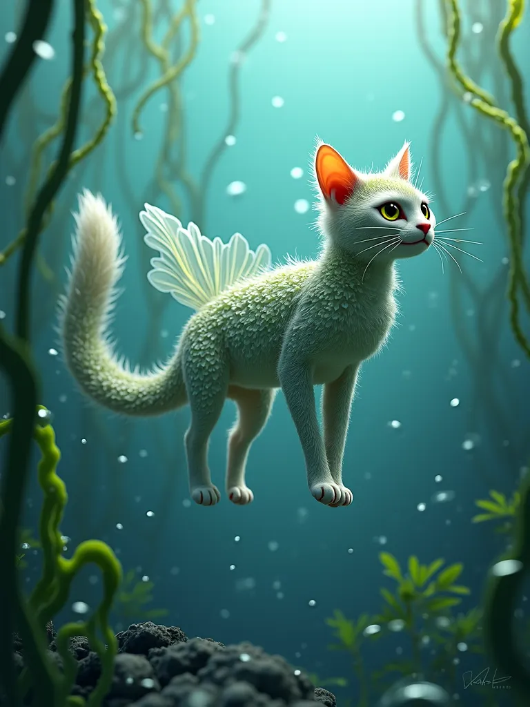  underwater, Cat and fish hybrid, with fins and shimmering scales, Algae in the background, Lots of ocean blue, Very realistic, mystical atmosphere, looks very graceful, modern, Nass, Shimmer effects
