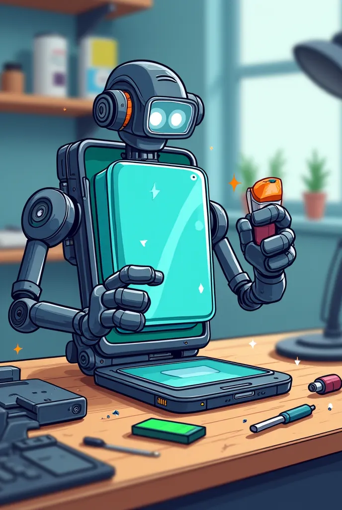 A dynamic, semi-realistic cartoon-style illustration, perfect for a poster, featuring a smartphone with a focused expression on its screen as it attempts to change its own battery. The phone’s screen shows a clear, low-battery warning, and its mechanical a...