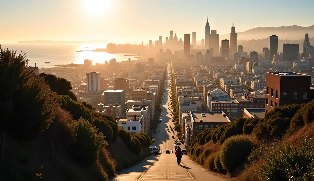 high quality, 8K Ultra HD, San Francisco city, view on city street from high spot, down hill, long way streen, down street, sea, freedom spirit, calm, soft light