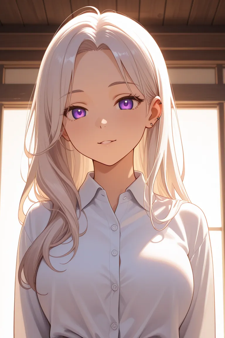 Ash-haired woman, purple eyes shirt , white skin long hair , It would be and impressive 