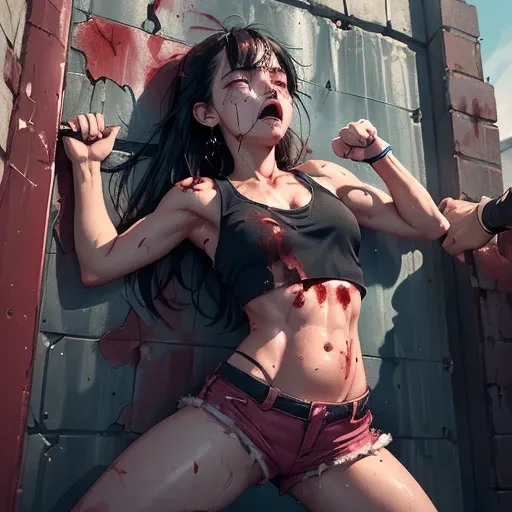 (((((a cute crying bloody girl fighter is being beaten to a pulp by a man in the backstreet))))). (((A man is punching into a cute girl fighter's belly from her front))). (((((his fist is digging into her belly))))). (((One of a girl fighter's breasts and ...