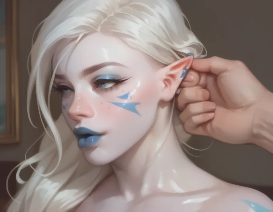 Jarael, alabaster white skin, blue tattoos, facial mark, blue lips, tucking hair behind ear