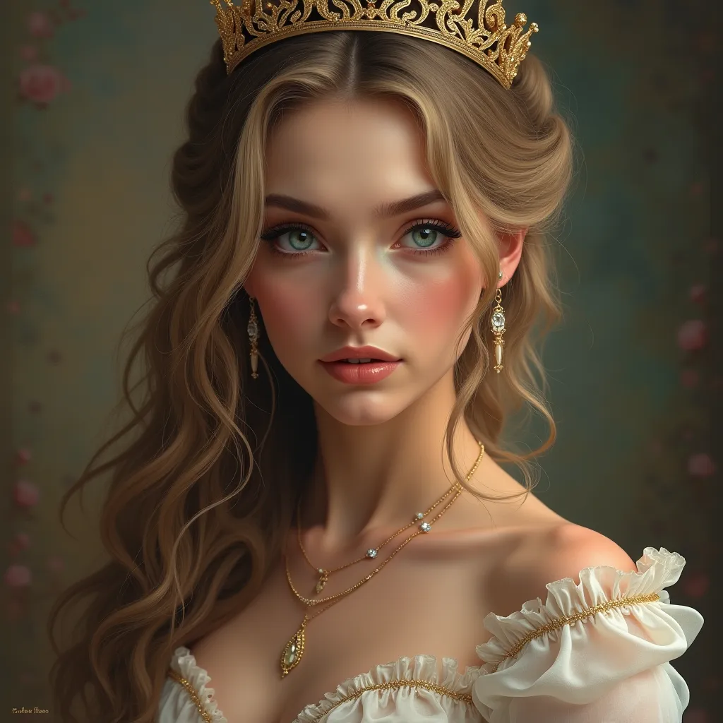 1 fille, Breasts,  long hair, blue eyes, blonde hair, brown hair, jewelry, very detailed, Highlighted Hair, Makeup, Crown, Realism, 