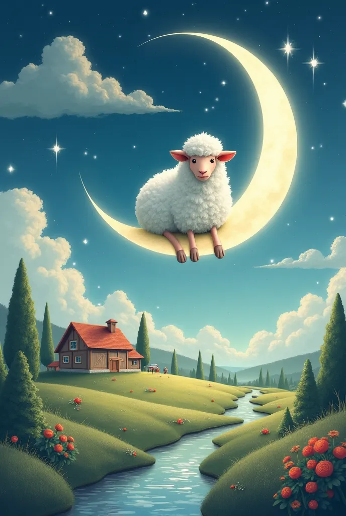 Create a picture of a sheep sitting on a wedge of the moon, with a farm in the background