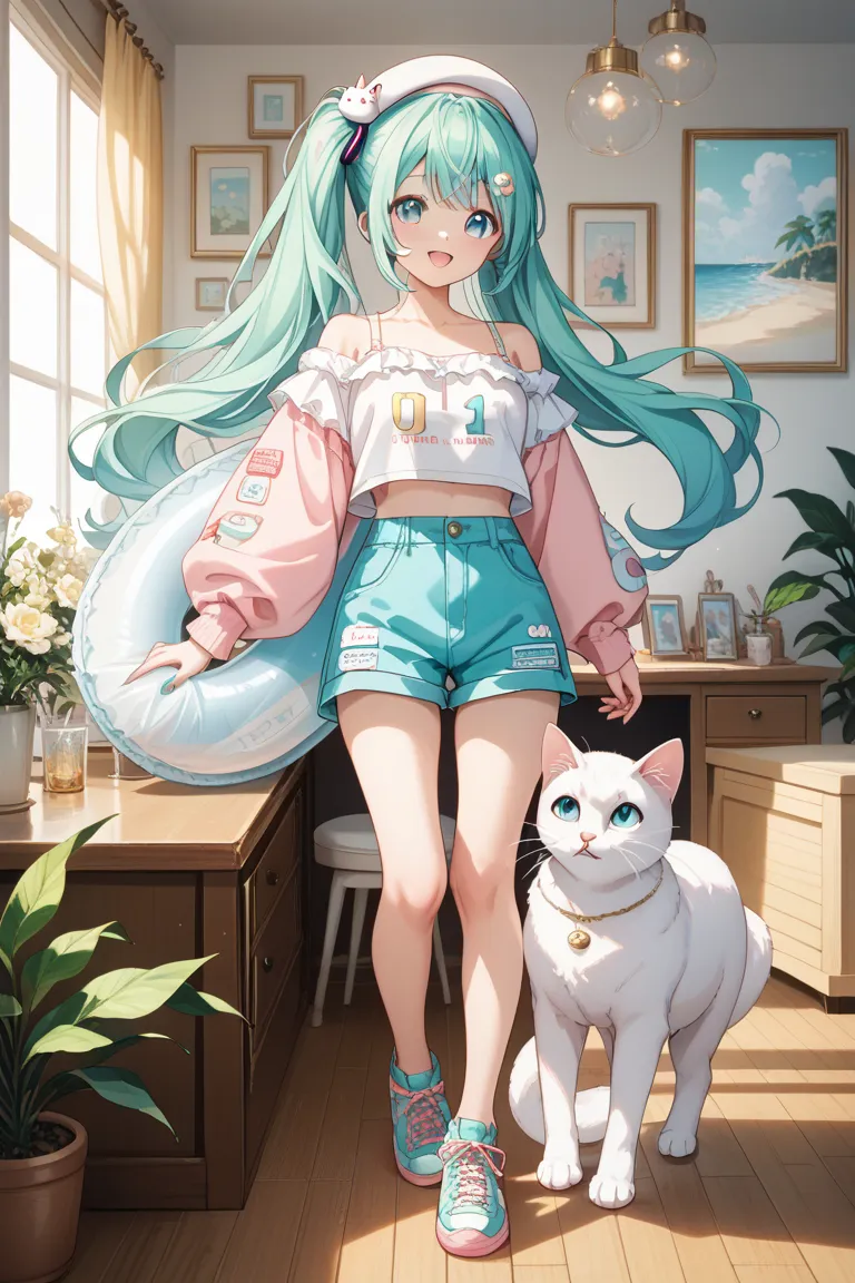 Hatsune Miku style side ponytail side ponytail bangs, long hair, light pastel green color hair, light pastel green color hair, light pastel pink false hair, smooth, straight hair, only slightly loose, fluffy, white, cute, super cute, sharp white miniskirt ...