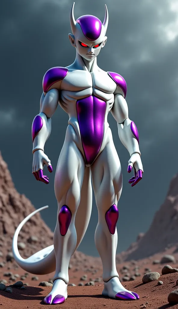 Create an ultra-detailed, photorealistic 3D render of Frieza (Freeza) in his Final Form, as if he existed in real life. His body should be sleek, elegant, and muscular, with smooth, glossy white skin and metallic purple accents on his chest, shoulders, arm...