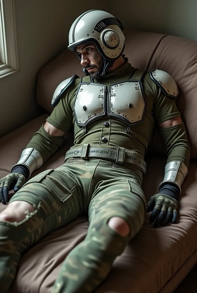 replica soldier from game, laying on side, fully clothed, ass in camo tight torn leggings, seam on leggings along the thigh, anus, cum in anus, spread legs, thick thighs, cum on ass, cum on helmet, male replica soldier, helmet, white armor on legs, male re...