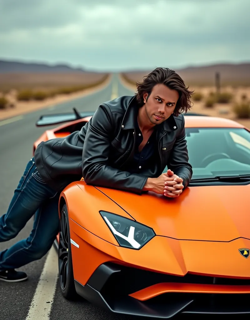 A charming, medium-built handsome man with piercing brown eyes and a captivating face lies effortlessly lies on Lamborghini Aventador . Clad in a rugged leather jacket and faded jeans, his windswept dark long, greasy and parted hair in the middle hair and ...