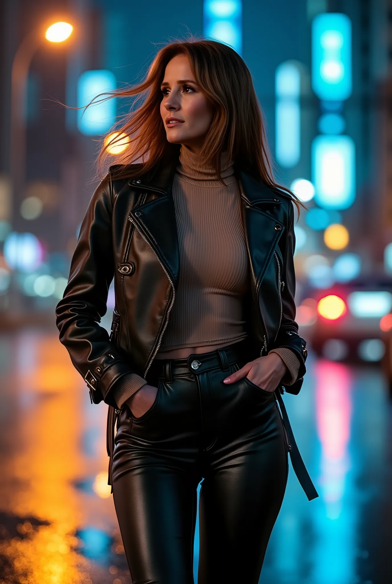 A hyper-realistic cinematic portrait of a mareilehoeppner with long, flowing hair standing in an suburban setting, bathed in dramatic, moody street lights. She wears a sleek, fitted black leather jacket over a tucked-in, lightweight beige turtleneck, paire...