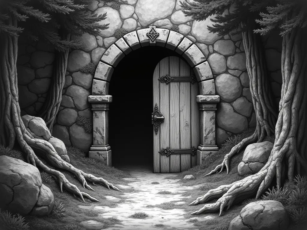 Dungeon door ajar on the mountain, surrounded by trees and moss. draft illustration for black and white book