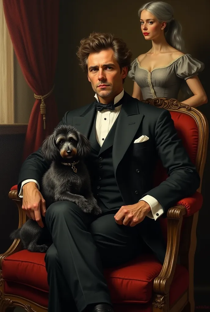 an antique victorian oil painting portrait of a man sitting in a fancy chair in a dark room with a black and gray poodle on his lap and his shoulder length silver hair wife standing behind him. He is wearing a fancy suit and has a serious expression on his...