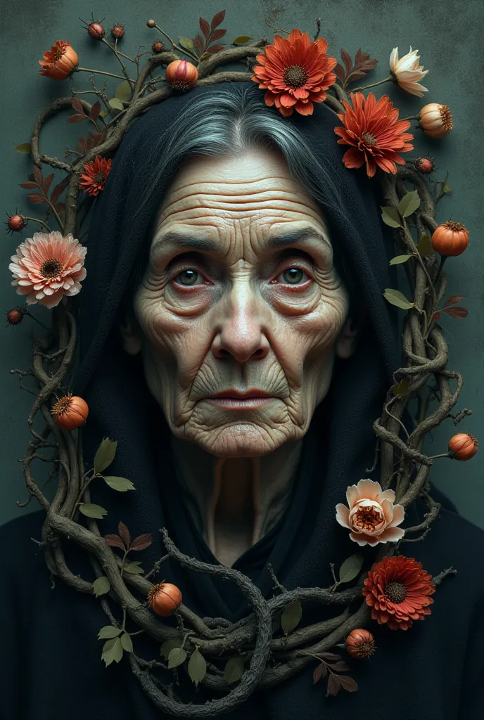 A woman's face, Decrepit and old, overlayed with wilting flowers and trees, dark and brooding, vines and dead leaves