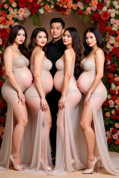 Four high-class elegant gorgeously pregnant 20-year-old Thai Miss Universe with one young muscular handsome tall man stands behind, the girls are curvy, thicc, pregnant, voluptuous body; the girls are wearing sexy glittering tight wedding dress and high he...