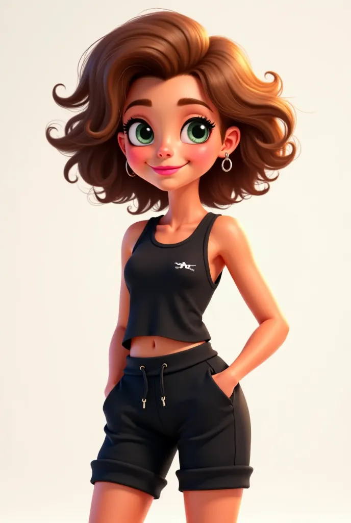 One in animation, light brown , medium curly hair, with eyeliner and gloss, wearing a black tank top and black sweatshirt shorts.