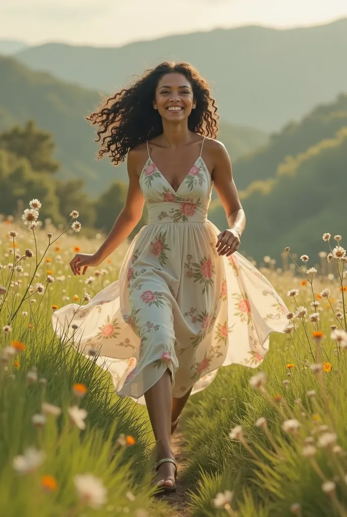 a young brownish golden skinned woman  with black coily hair running in a meadow wearing a floral dress with Jesus running in frint of her