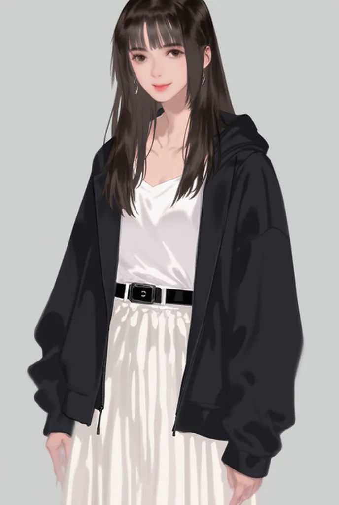 A young Japanese woman with long, straight dark brown hair stands confidently. She is wearing a black zip-up hoodie over a white tank top, paired with a white pleated skirt. The outfit is simple yet stylish, with a black belt featuring a distinct logo on i...