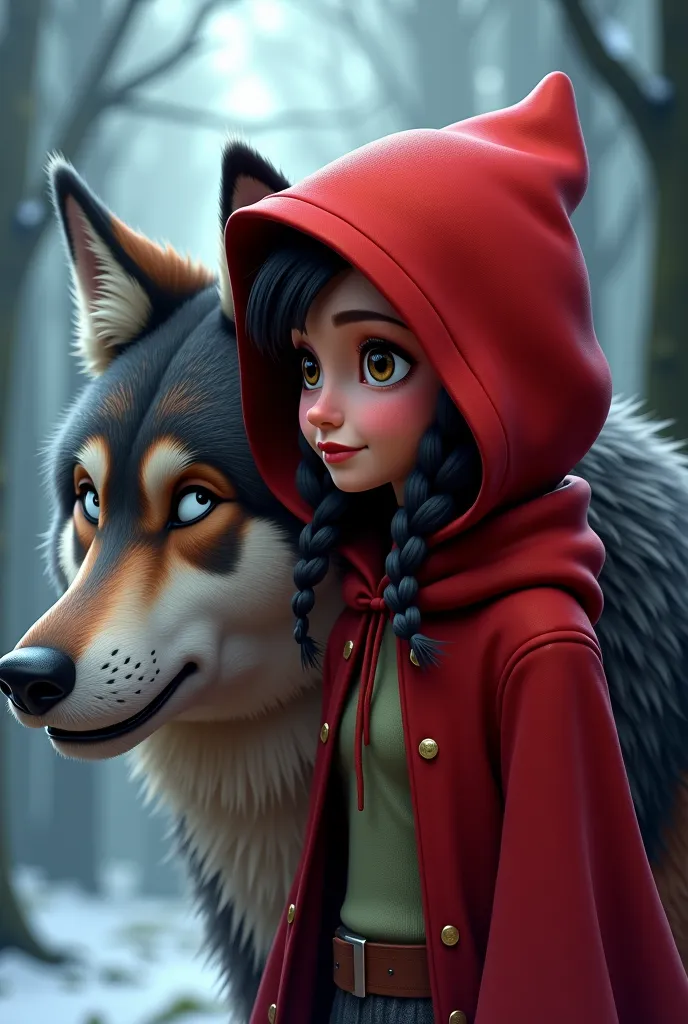 a close up of a person standing next to a wolf, a picture of Vladimir Novak , trending on artstation, fantastic art,  Little Red Riding Hood , red riding hood,  animated movie  scene,  animated movie , 3 d  animated movie ,   adorable digital painting  , I...