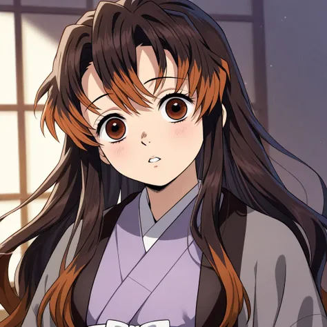 Masterpiece, best quality, demon slayer style, 1 girl, a demon slayer, half purple half gray haori, brown eyes, slightly wavy long hair, short fringe, white bow on hair, looking confused at the viewer