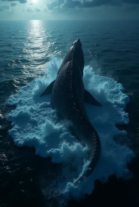 An aerial view of the ocean at night, with the presence of Leviathan peeking out from the rough waters.