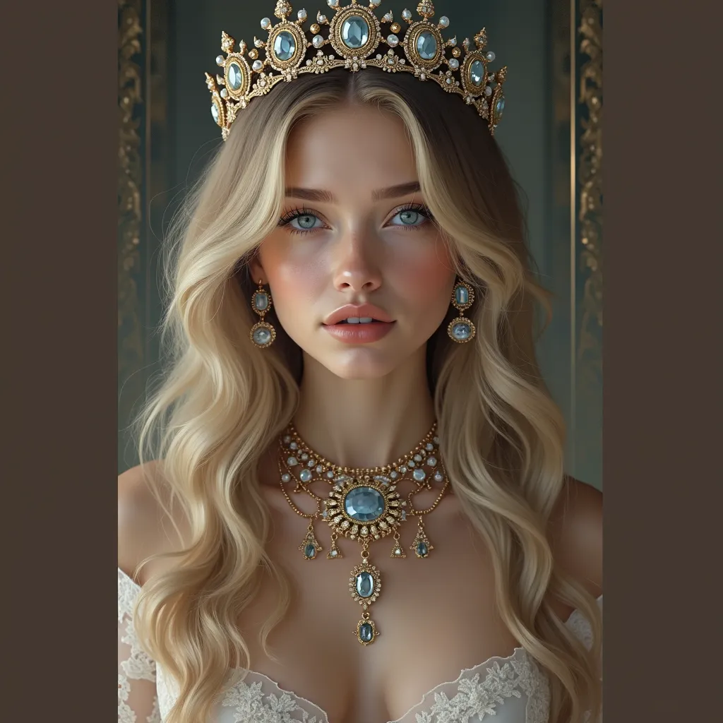 1 fille, Breasts,  long hair, blue eyes, blonde hair, brown hair, jewelry, very detailed, Highlighted Hair, Makeup, Crown, Realism, 