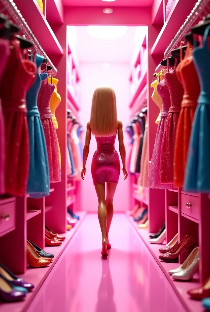 POV: You are Barbie, standing in front of an enormous, glamorous closet. As you open the doors, a dazzling array of colorful clothes, sparkling accessories, and stylish shoes is revealed. The closet is filled with shelves of makeup in various shades and el...