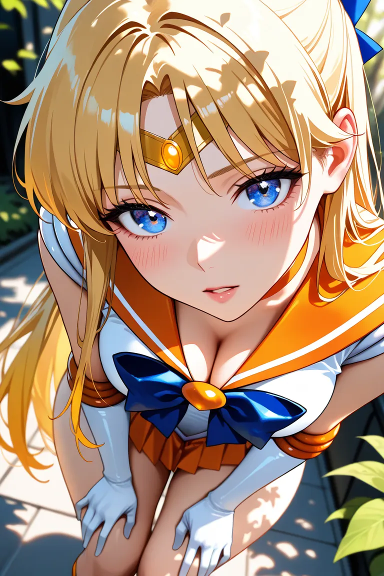 masterpiece, best quality, amazing quality, very aesthetic, high resolution, ultra-detailed, absurdres, newest, 1woman, solo, sailor venus, (sailor venus costumes), breasts, large ass, thick thighs, head tilt, leaning forward, looking at viewer, parted lip...