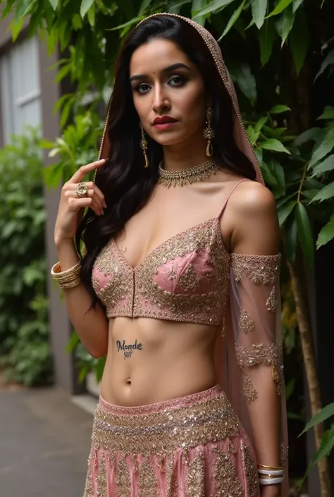 (masterpiece, best quality:1.2), She is draped in a ultra low waist  lehenga with delicate gold embroidery, giving her an ethereal, moonlit glow., fully exposing her deep navel and slim waistline. A pearl-studded matha patti with a crescent moon pendant ad...