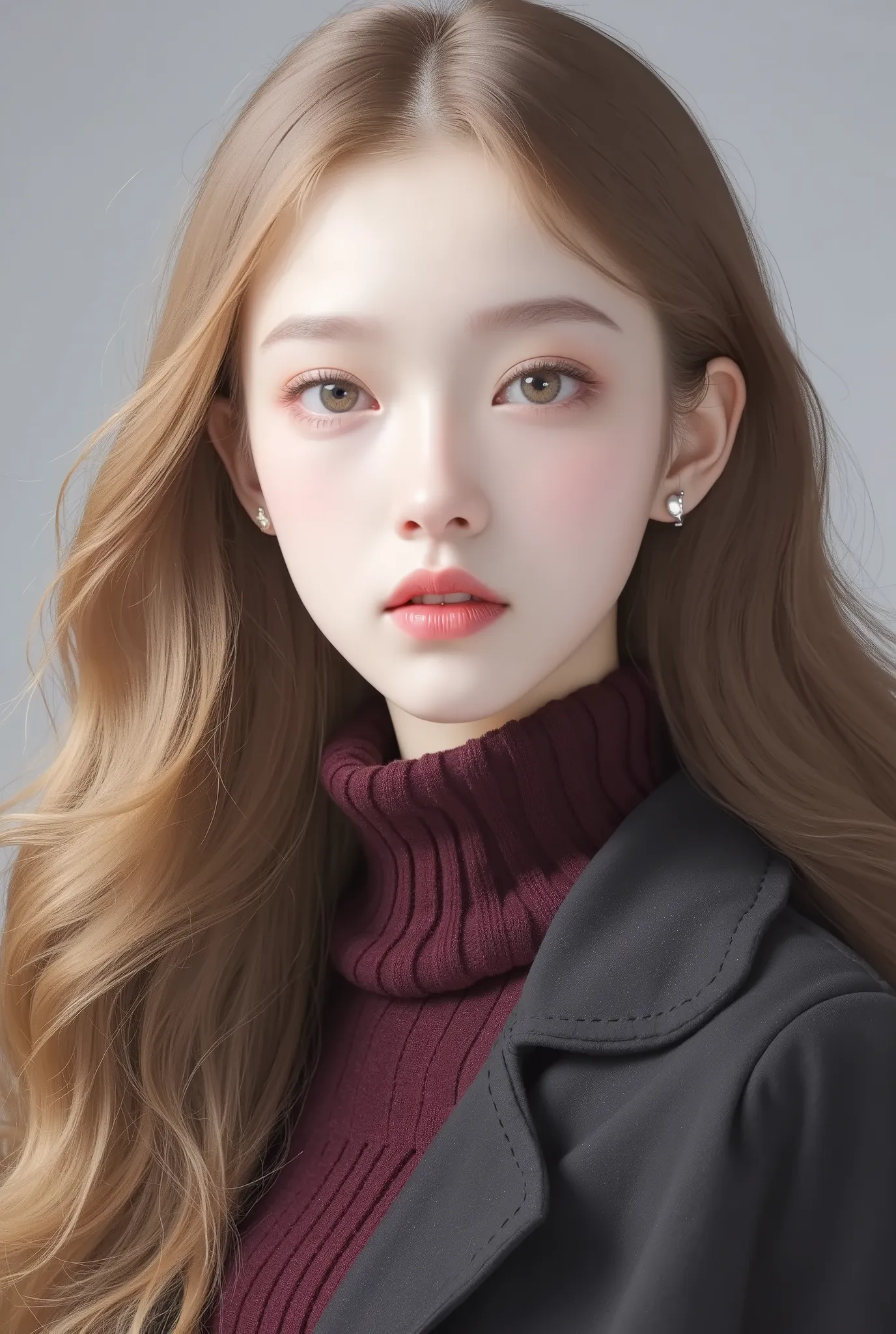 Girl, long brown hair, smooth stage stylist, brown eyes, sharp features, light white skin, thick eyelashes, sharp nose, shiny pink lips, beautiful, perfect, elegant, wearing a dark maroon sweater, black jacket, high quality resolution, clear bright colors.