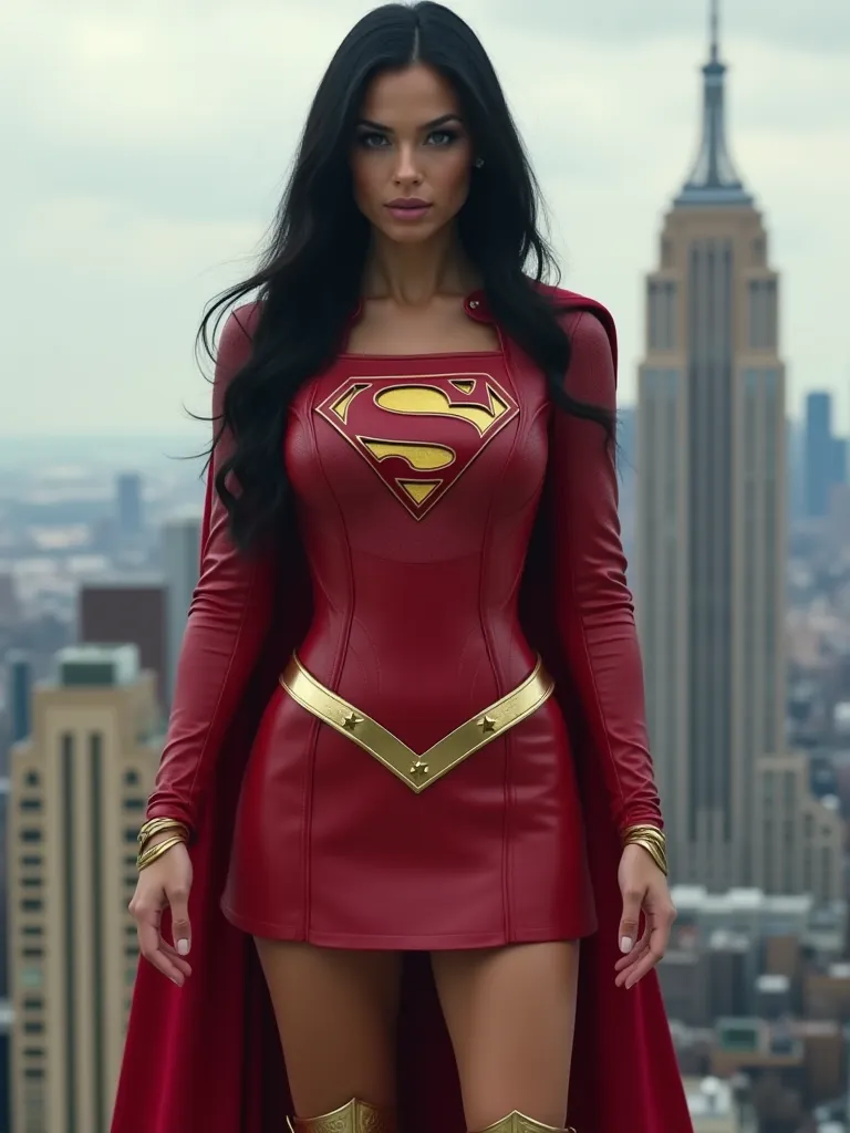 Supergirl Gal Gadot in SupergirlCostuem,  red leather skirt , red golden high-heeled leather boots, long black hair, Big boobs, Supergirl symbol on the front of the costume, photorealistic, 8k, on a high-rise building 