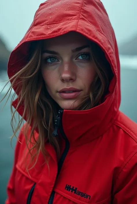 Woman red parka Helly Hansen face in the top collar sea veil 