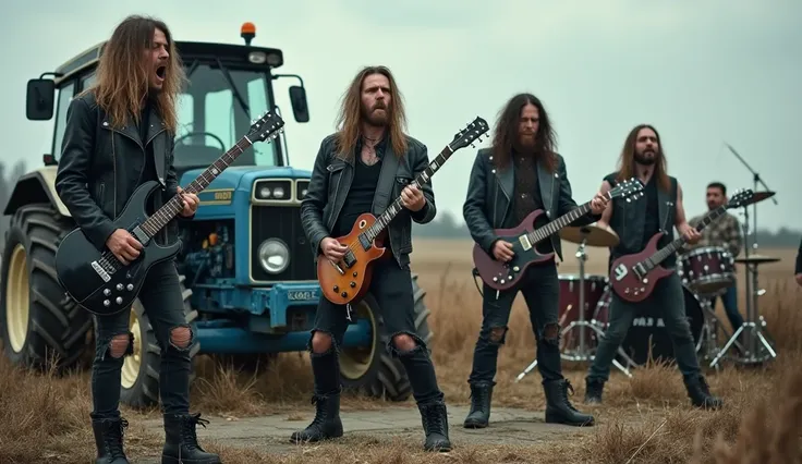 Photorealistic image of a death metal band performing on a small stage in a rural European filed . The band consists of five members with long, tangled hair, wearing black leather jackets, ripped jeans, and heavy combat boots. A  faded blue Belarus tractor...