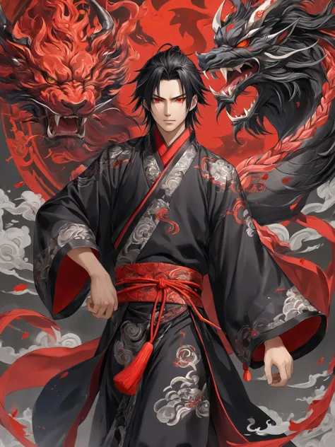 Xiǎo Mó, the homunculus son of the demonic alchemist Hēi Yuè, has vibrant blood-red eyes, straight silver-black hair that extends to his shoulders, and his skin is a smooth, rocky gray. He wears a traditional black Chinese robe with colorful ornaments and ...