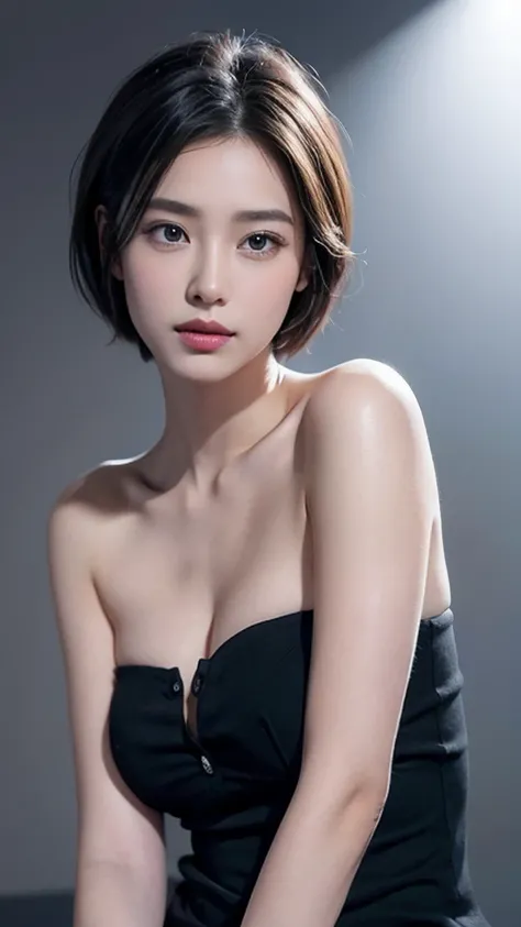  tight black top :1.2、and watch the audience、movie lights、 button、Soft Light、 high resolution skin :1.2、 Realistic skin texture 、realistic faces、 strapless、Exposed cleavage、blue eyes、 short hair、 grey background