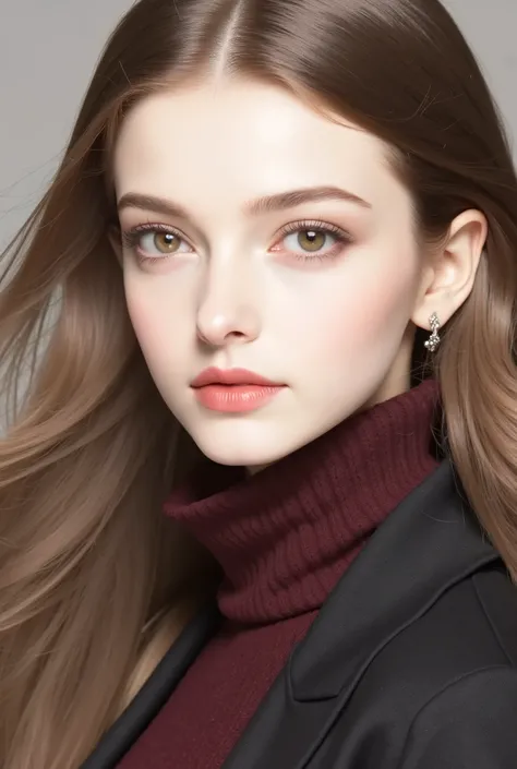 Girl, long brown hair, smooth stage stylist, brown eyes, sharp features, light white skin, thick eyelashes, sharp nose, shiny pink lips, beautiful, perfect, elegant, wearing a dark maroon sweater, black jacket, high quality resolution, clear bright colors.