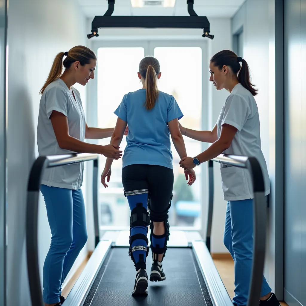 Gait rehabilitation of a  aided by an Ottobock medical team on a treadmill