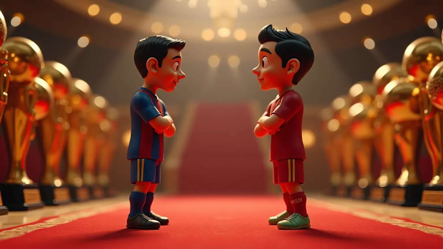 Messi and Cristiano Ronaldo standing face to face in a Toy Story-style 3D cinematic environment. Messi has more Ballons d'Or stacked next to him, while Ronaldo crosses his arms with a faint expression of challenge.  The background is elegant , with bright ...