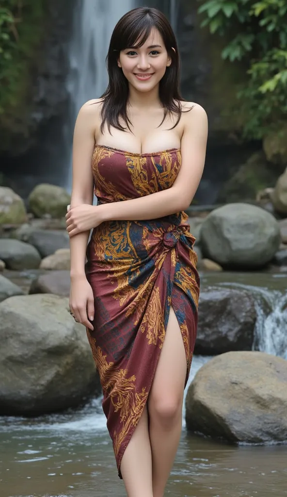 Realistic photo Of A chubby and fat indonesian woman,  visible to the feet , curvaceous body, using a maroon blue yellow wet batik sarong , face facing the camera.  Elegant elegant style elegant aesthetic . sexy butt, big ass and hips, Good Detail . stand ...